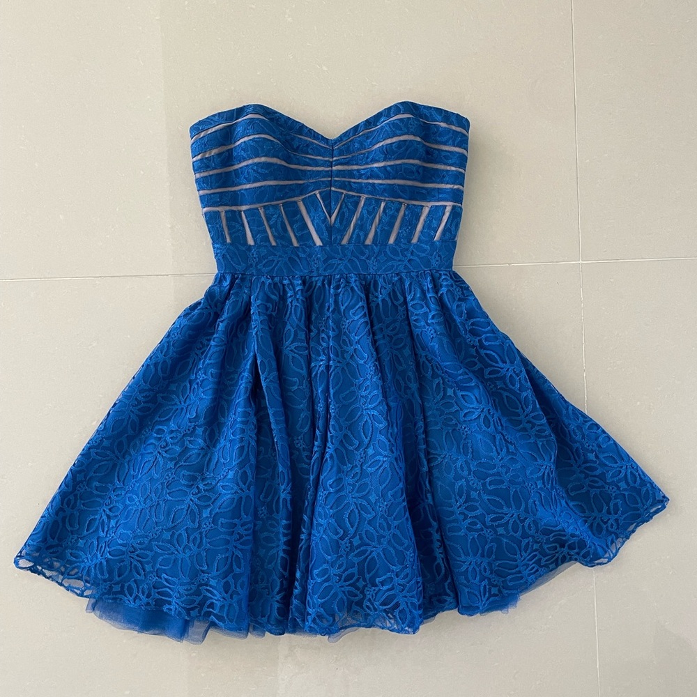 Sweetheart Royal Blue Lace Illusion Cache Strapless Dress Prom Size 0